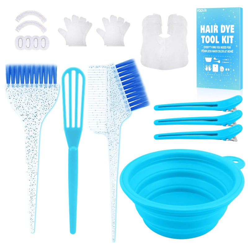 YOOVR 19PCS Hair Bleach Dye Kit with Hair Dye Brush and Bowl Whisk Hair Clips Protective Gear Set, Ideal for Hair Bleaching Coloring Highlighting, Essential Salon Supplies for Home Use (Blue) - Image 1
